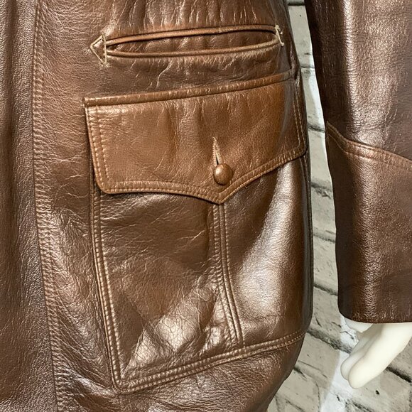 Vintage 70s Chocolate Brown Leather Retro Jacket Trench Coat Overcoat - Picture 3 of 16